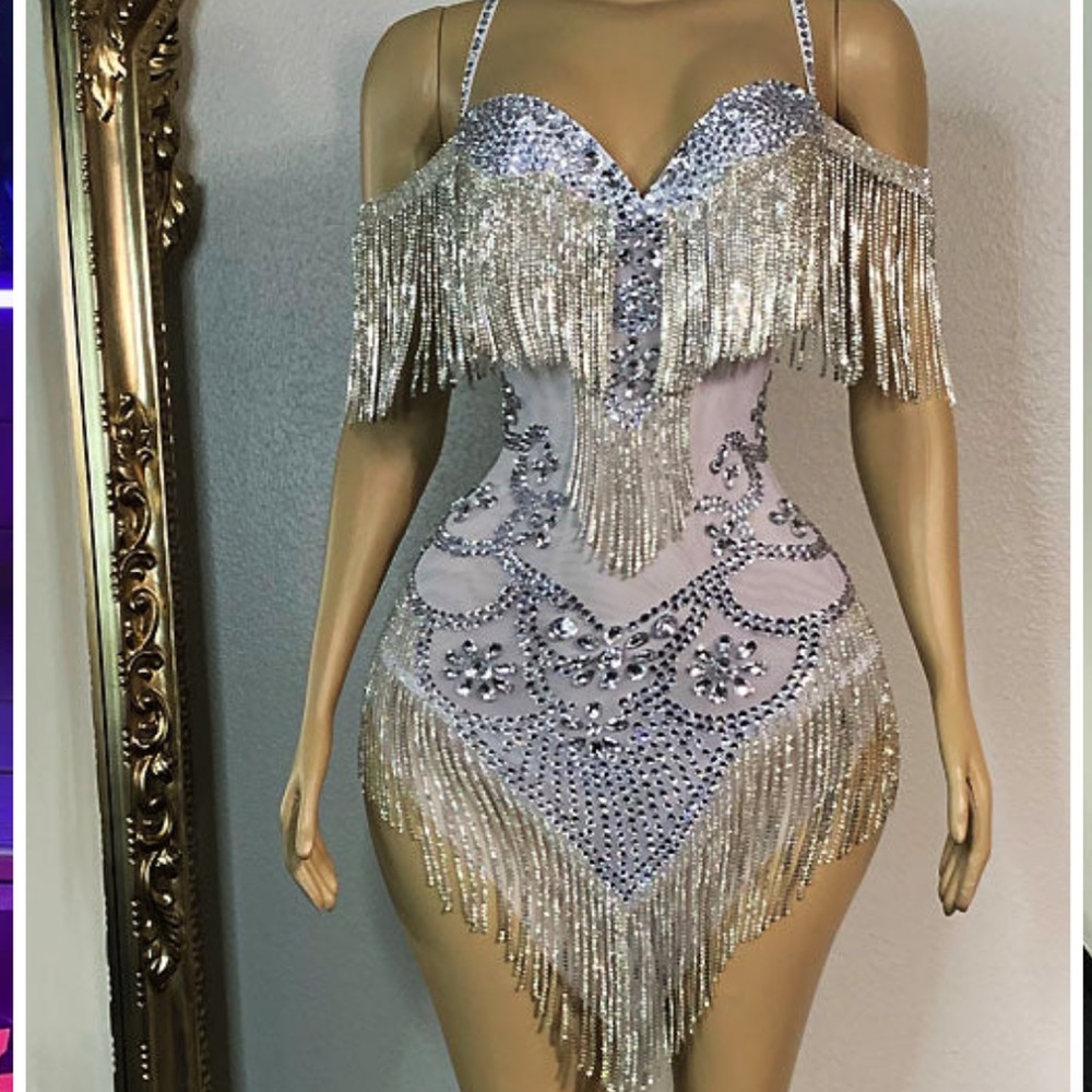 White Rhinestone Tassel Dress